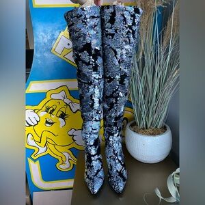 Free People Midnight Party Velvet Sequin Scrunch Boots Heels 38 7.5 festival